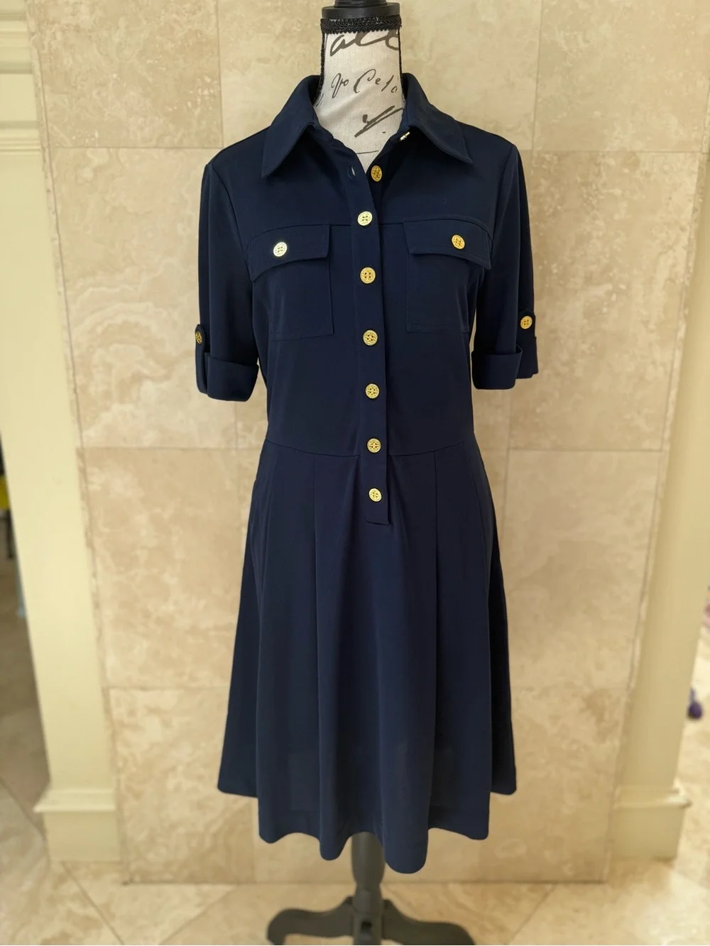 Tory Burch Navy Blue Shirt Dress Gold Buttons Size S EUC